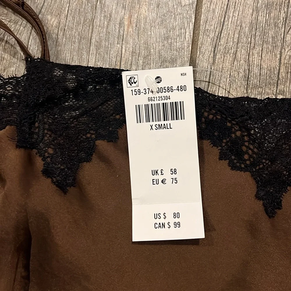 Abercrombie & Fitch Dark Brown Satin Black Lace Trim Slip Mini Dress NWT - Picture 4 of 12